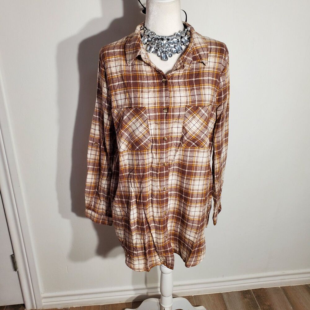 NO BOUNDARIES FLANNEL BLOUSE BROWN LONG SLEEVE COTTON SIZE 2X